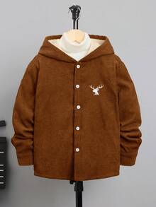 SHEIN 青少年男孩1件溫熱連帽衫,鹿刺繡加厚保暖內裡 - 卡其色 - 查看 6