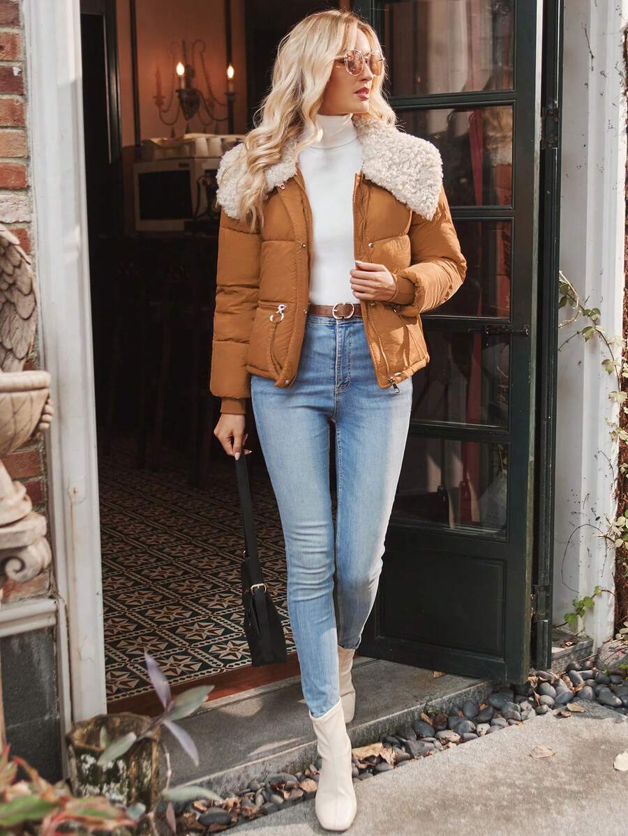 SHEIN LUNE Abrigo acolchado casual de dos tonos con cuello esponjoso para ropa de invierno