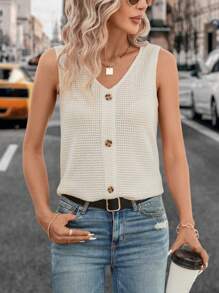 EMERY ROSE Women's V-Neck Buttoned Waffle Grid Sleeveless Tank Top For Summer - Apricot - View 6