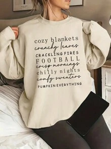SHEIN EZwear 女士寬鬆口號印花掉肩運動衫 - 米色 - 查看 1