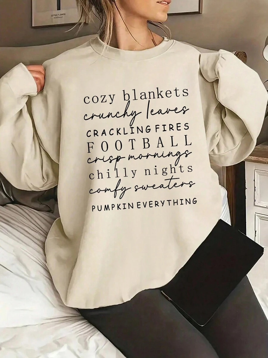 SHEIN EZwear 女士寬鬆口號印花掉肩運動衫 - 米色 - 查看 1