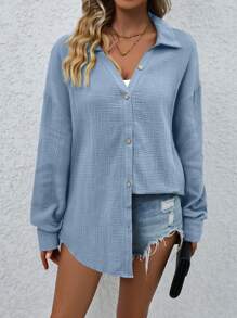 SHEIN LUNE Áo trễ vai trơn - Màu xanh lam - Xem 5