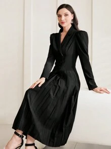 Modelyn 女士鈕扣立領連身裙 - 黑色 - 查看 4