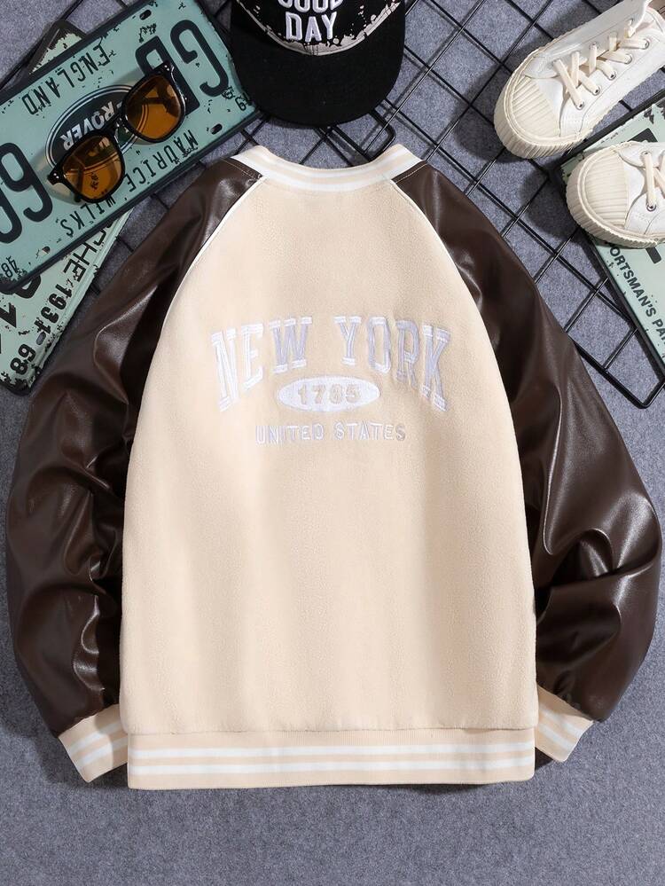 Boys' Cool & Stylish Streetwear Contrast Color Baseball Jacket With Shoulder Inserts, Autumn & Winter