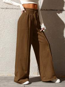 SHEIN EZwear 純色抽繩腰運動褲 - 駝色 - 查看 4