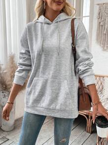 SHEIN LUNE Bọc Trở lại Thả vai Áo hoodie ấm áp - Xám - Xem 2
