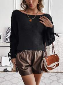 Chiquease Suéter de punto con hombros abiertos de unicolor para otoño e invierno - Negro - Ver 5