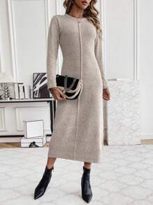 SHEIN Clasi Women's Long Knitted Sweater Dress - Khaki - View 1