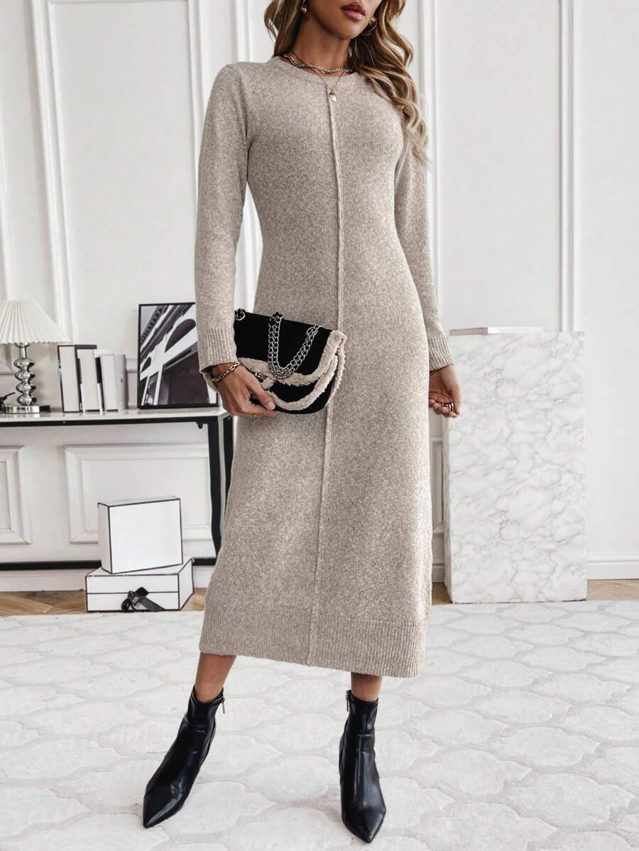 SHEIN Clasi Women's Long Knitted Sweater Dress - Khaki - View 1