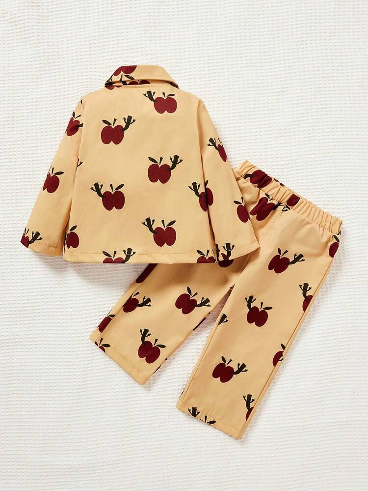 Baby Girls' Apple Pattern Collar Suit Jacket And Pants Set