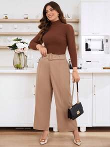 Calvaya Hơn Cao eo Thắt lưng Quần ống rộng - Lạc đà - Xem 4