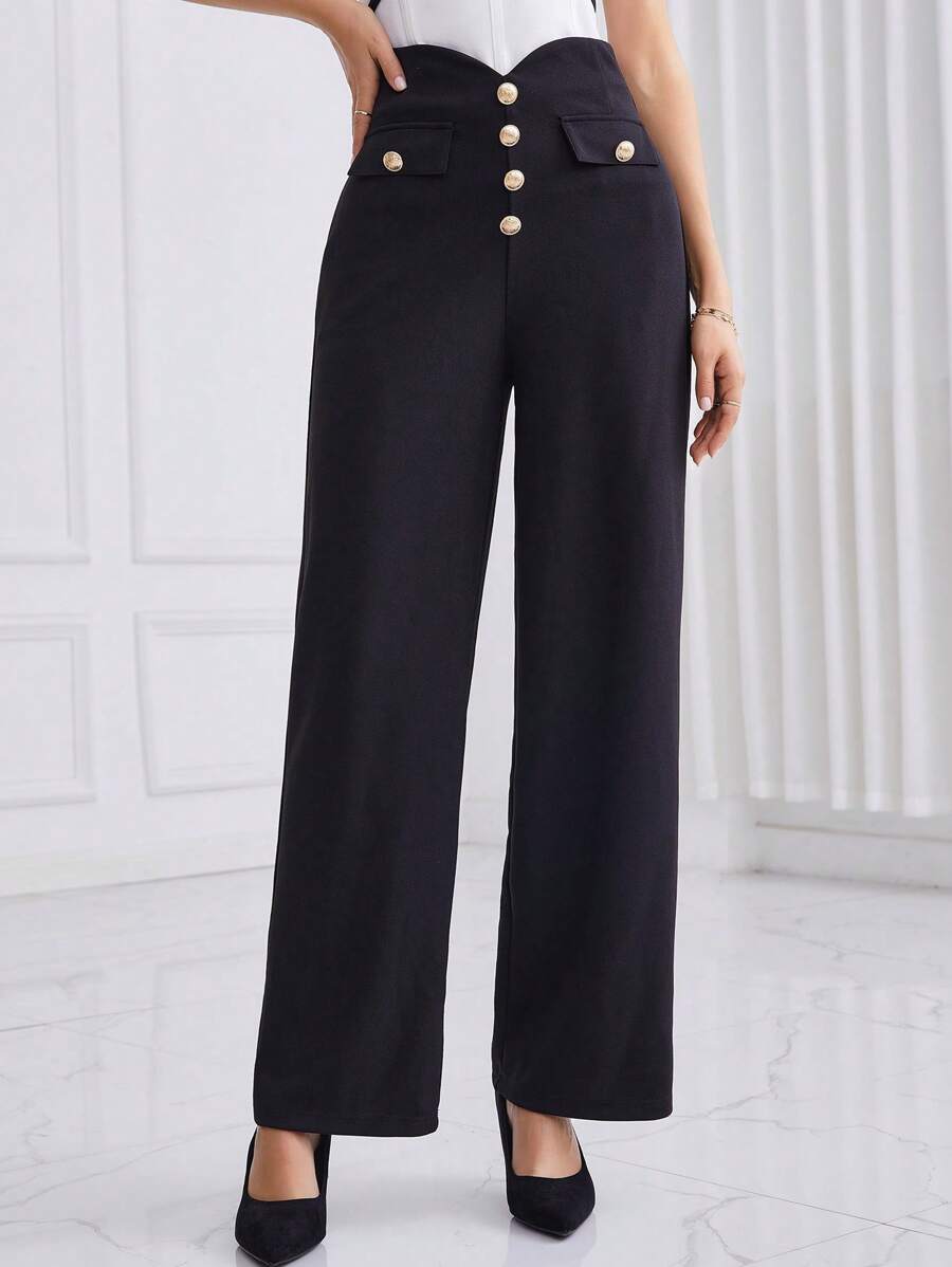 SHEIN Privé 不對稱腰帶前紐扣直筒長褲 - 黑色 - 查看 1