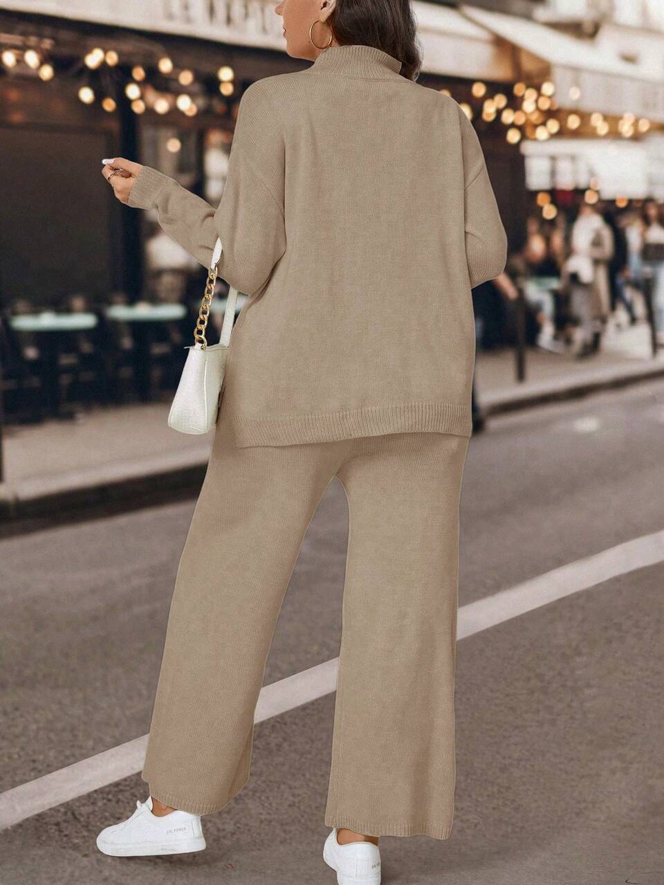 2pcs Solid Color Stand Collar Long Sleeve Sweater And Pants Set Winter Fall Autumn