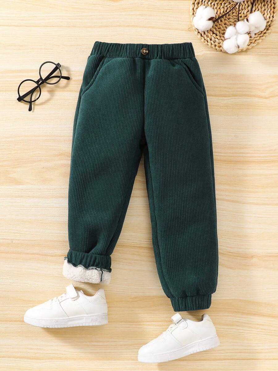 SHEIN Chàng trai trẻ Cord Túi nghiêng Nhiệt Quần - Màu xanh lá cây đậm - Xem 1