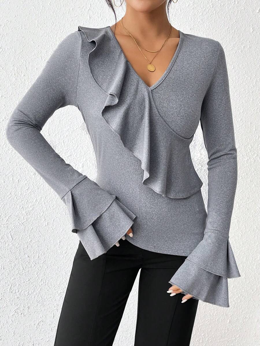 SHEIN Privé Women's Long Sleeve Ruffle Hem Design T-shirt - Dark Grey - View 1
