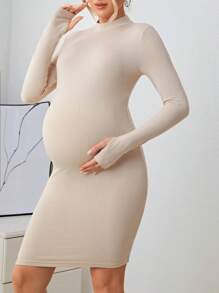 SHEIN Maternity Mock Neck Ribbed Knit Bodycon Dress - Apricot - View 5
