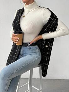 SHEIN Essnce Plaid Print Double Breasted Vest Overcoat - Black - View 5