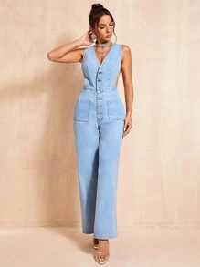 SHEIN BAE 女性無袖牛仔連身褲,附有扣子 - 藍色 - 查看 5