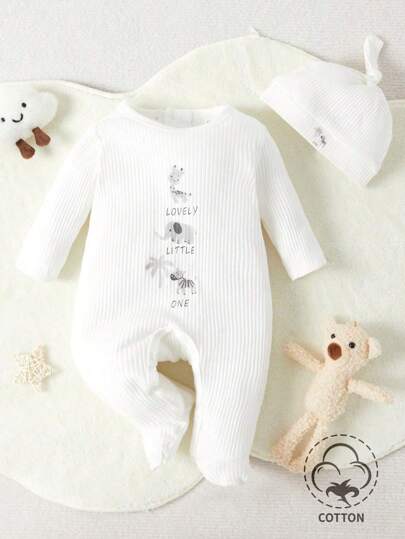 SHEIN Newborn Baby Boys' Cartoon Giraffe & Elephant Print Footed Pajamas