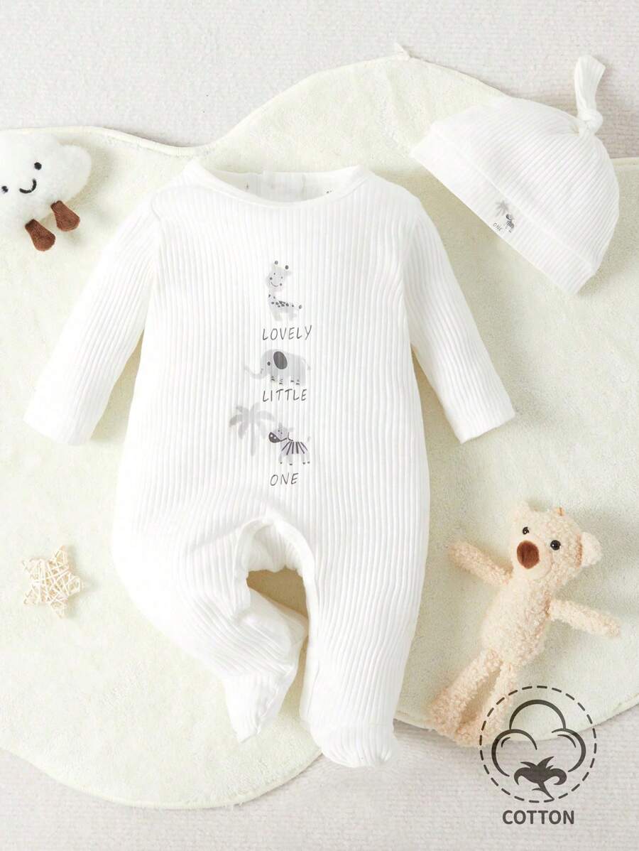 SHEIN 新生兒男嬰卡通長頸鹿與大象印花連腳睡衣 秋季 - 白色 - 查看 1