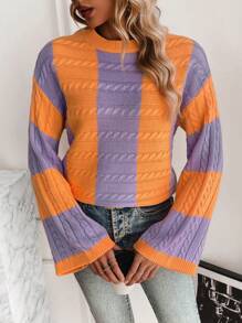 Chiquease Two Tone Cable Knit Drop Shoulder Knit Pullover Fall Winter Sweater - White - View 5