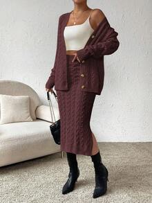 SHEIN Essnce Knitted Cable Cardigan And Skirt Two Piece Set - Coffee Brown - View 5