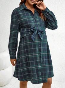 SHEIN Maternity Plaid Belted Dress - Navy Blue - View 4