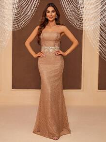 SHEIN Belle Tương phản Sequin Nàng tiên cá Hem Ăn mặc trang trọng - Rượu sâm banh - Xem 3