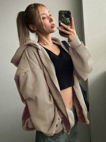 DAZY Women's Hooded Sweatshirt With Front Zipper Closure And Drop Shoulder Design,Fall Women Clothes - Khaki - View 1