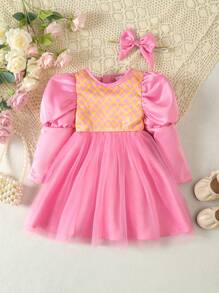 Baby Girls' Elegant Wedding Dress With Tulle Flounced Hem, Satin And Golden Print Design, With A Headband - Hot Pink - View 7