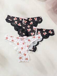 SHEIN 女款卡通印花可愛熊蝴蝶結裝飾三角內褲