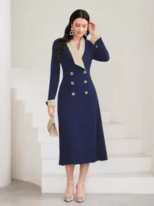 Modelyn Double-Breasted Women's Dress Maxi Women Outfit - Navy Blue - View 1