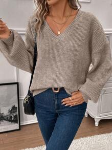 SHEIN LUNE V Neck Drop Shoulder Sweater,Long Sleeve Tops - Khaki - View 6