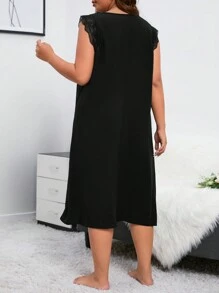 Plus Size Women's Square Neck Sleep Dress Pajama Dress, Long Dress - Black - View 2
