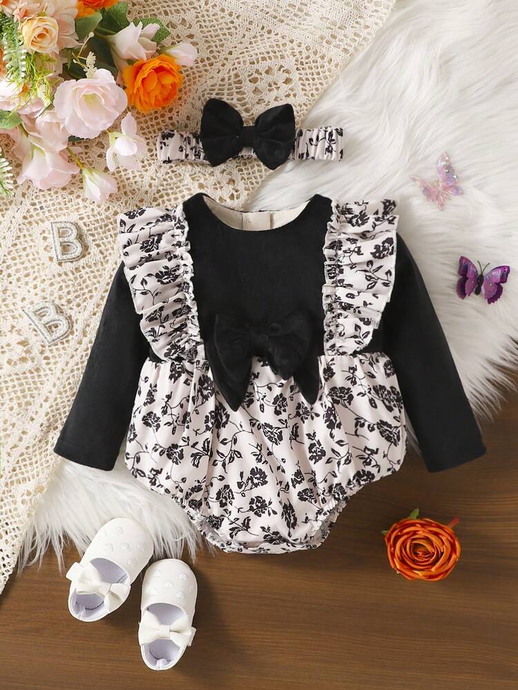 Baby Girls' Flower Printed Bodysuit, Autumn Newborn Bodysuit