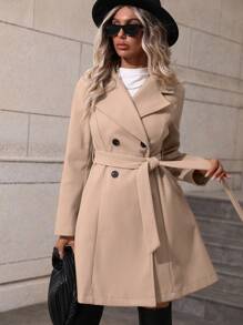 女士秋冬翻领长袖双排扣系带羊毛大衣 - 卡其色 - 查看 4