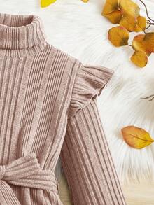 SHEIN 少女高領荷葉邊裝飾連帶腰帶裙 - 淺粉色 - 查看 3