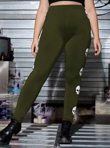 SHEIN EZwear Plus Skull Print Leggings - Green - View 2
