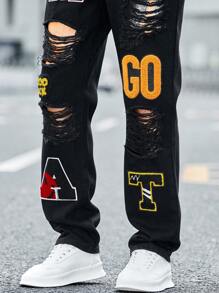 Manfinity Roghcode Jeans Con Letras Estampadas Desgastadas Para Hombre - Negro - Ver 3