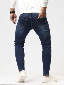 Manfinity Homme Men's Washed Slim-Fit Jeans, Plain Dark Blue Slim Fit Long Dark Wash Jeans Washed Cargo Jeans, For Husband, Boyfriend Gifts - Dark Wash - View 2