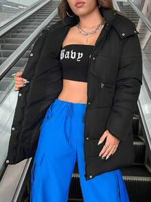 SHEIN EZwear 纯色连帽保暖棉服，腰部有抽绳 - 黑色 - 查看 9