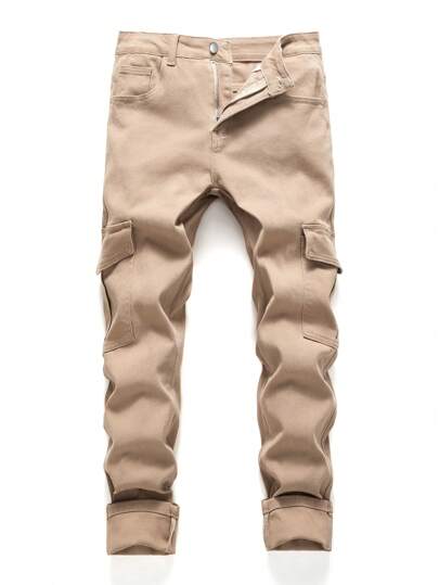 Manfinity Roughcore Vaqueros de carga de corte ajustado de color caqui con bolsillo de vuelco, jeans de mezclilla para hombre, regalo para esposo o novio