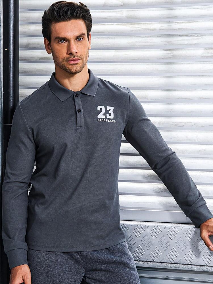 Boyfriend Style Men's Long Sleeve Polo Shirt With Arabic Numeral Print, Turn-Down Collar And Button Placket Workout Tops Golf Shirt