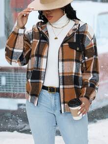 SHEIN Franclia Plus Plaid Drop Shoulder Drawstring Hooded Jacket - Multicolor - View 5