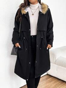 SHEIN Frenchy 大码连帽夹棉大衣，采用收腰设计和流苏边缘 - 黑色 - 查看 6