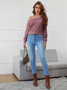 SHEIN Essnce Cổ không đối xứng Thả vai Gân đan Áo chui đầu - Bụi hồng - Xem 3