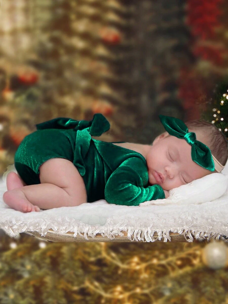 女婴童後綁帶蝴蝶結絲絨連身背心＆ 頭巾拍攝套裝