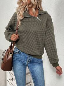 SHEIN LUNE Half Zipper Collar & Drop Shoulder Sweatshirt Pullover Fall Outfit - Army Green - View 3