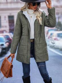 SHEIN LUNE Women's Zipper Closure Padded Padded Coat Clothes Winter - Army Green - View 3