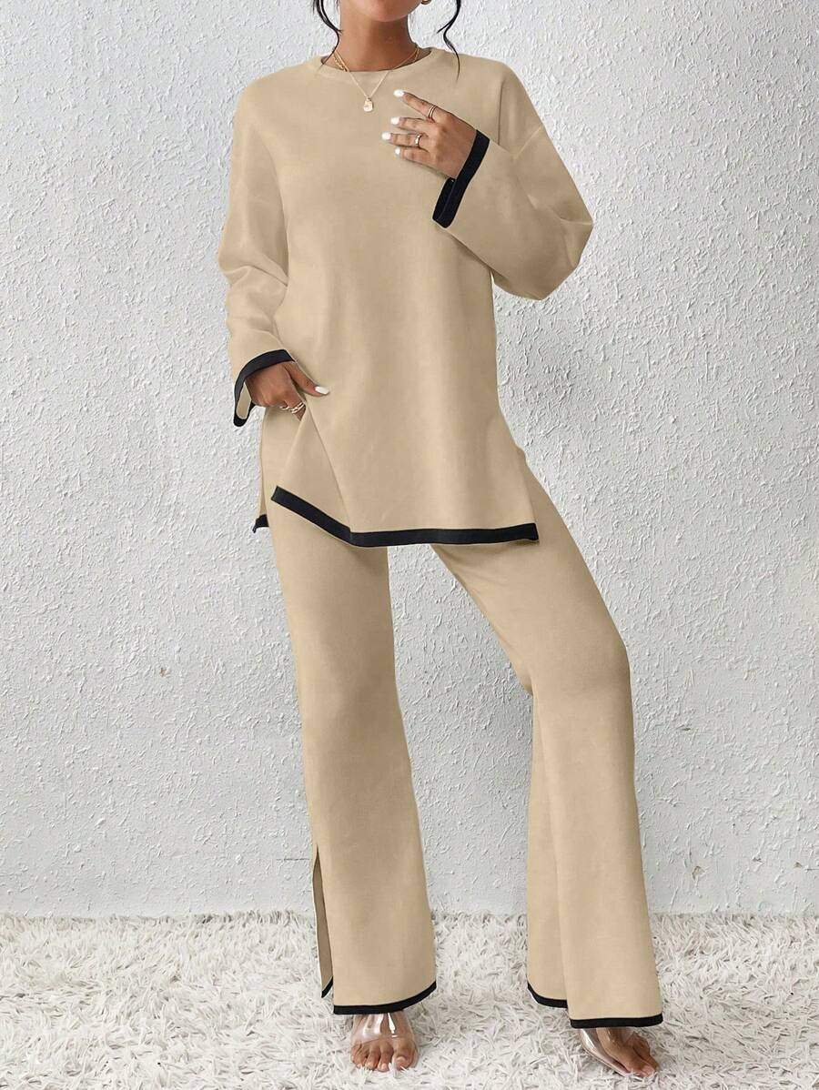 Chiquease Women's Color Block Sweater And Pants Set With Hem Slit Detail - Apricot - View 1